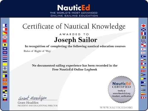 NauticEd Sailing Certificate with the Rules of Right of Way clinic completed
