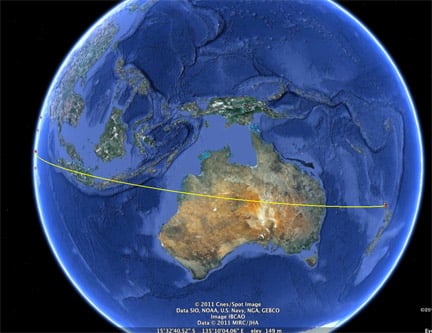 Great Circle Distance from Taj Mahal to Auckland New Zealand