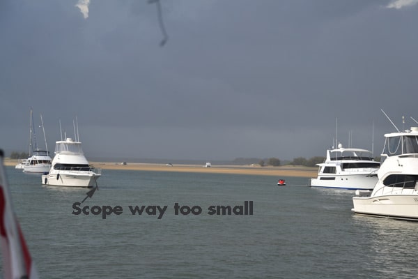Boats anchored at Jumpingpin. Anchor scope too small caused dragging.