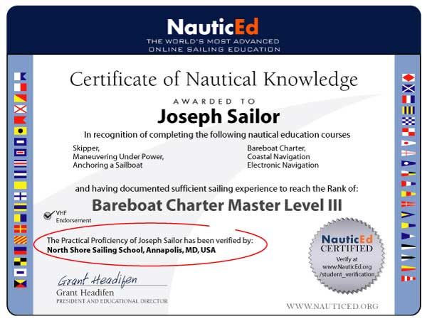 The NauticEd Sailing Certificate displaying the optional Proficiency Verification
