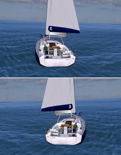 During a gybe, the aft end of the boat turns through the wind. After a gybe the sails are on the opposite side of the boat. Care must be taken, a gybe can be dangerous in higher winds.