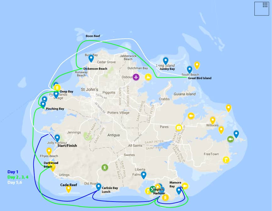 Antigua Sailing vacation Itinerary Map