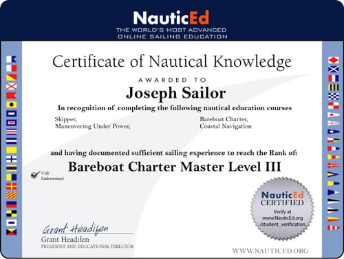 NauticEd Sailing Certificate with courses and rank