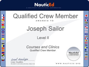 A typical Qualified Crew Member Sailing Certificate
