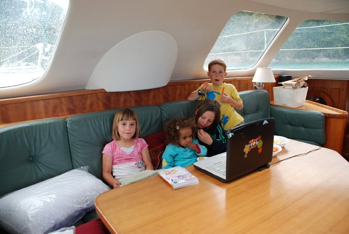 Plenty of room inside the catamaran for school work