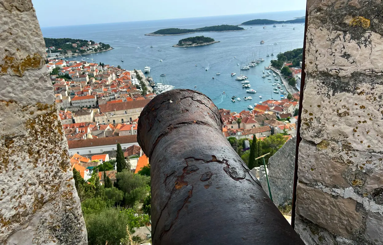 View over Hvar town and harbor with the Pakleni Islands offshore