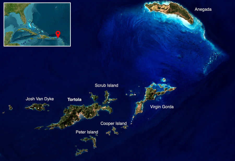 Map of the British Virgin Islands showing the main Go Now cruising area and BVI world location.