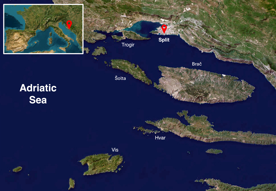 Map of the Split area and Dalmatian Islands showing the main Go Now Croatia cruising area with Trogir, Brač, Šolta, Hvar, and Vis along Croatia's Adriatic coast
