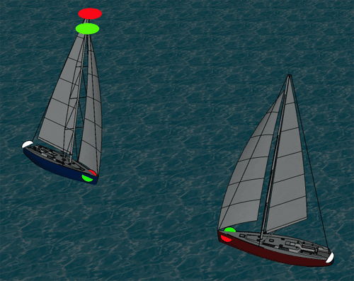 The Vessel sailing "on starboard" is utilizing the optional two all around red and green lights.